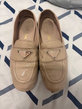 Prada Nude Patent Leather Loafers with Triangle Logo
